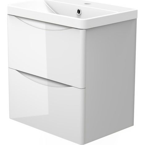 Bathroom Sink Unit with Basin White 2 Soft Close Drawers Wall Mounted Bathroom Suite with Vanity Unit - 500mm Gloss White (Type B)