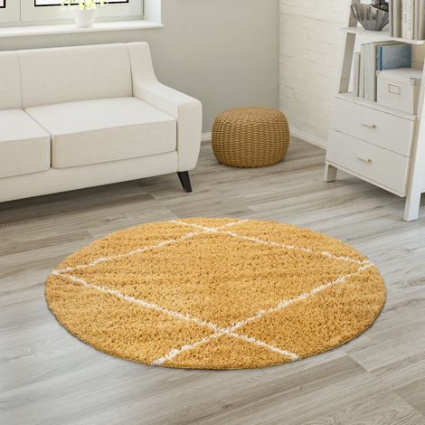 Paco Home Tappeto Salotto Pelo Lungo Tappeto Soggiorno Shaggy Motivo Diamante Scandinavo Giallo, Ø 160 cm tondo