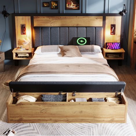 Bettgestell 160x200 cm Eiche aus Metall, Holz und Leinen mit Leselicht, USB-C, Stauraum und Bank (1/5)