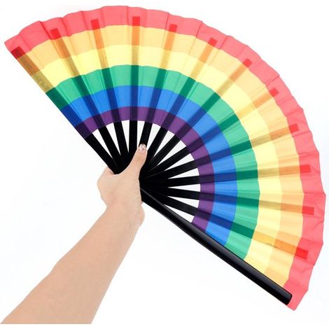 BOXOB Éventail arc-en-ciel pour danse en ligne, éventail pliant portatif de style chinois, grand éventail arc-en-ciel portable pour femmes, accessoires de décoration pour les performances de danse en