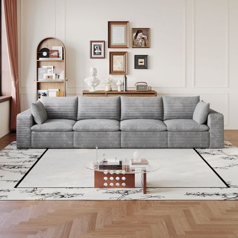 4-Sitzer-Komprimierungssofa, 340 cm, hellgrauer Cord, doppelter Komfort, keine Montage erforderlich, für das Wohnzimmer
