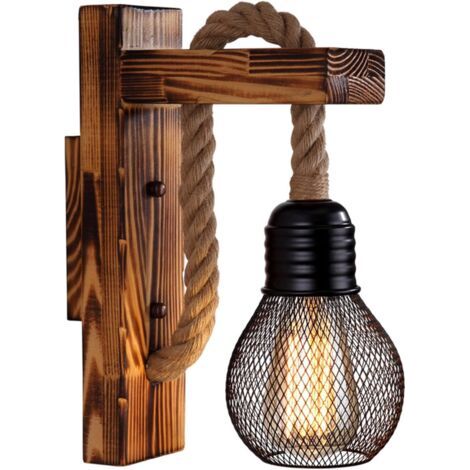Applique murale d'intérieur vintage, abat-jour rétro en corde de chanvre E27 avec poutres en bois, applique murale d'intérieur avec interrupteur pour chambre à coucher, couloir (ampoule non incluse) (1/5)