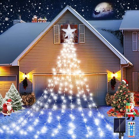 Lumière Exterieur Noel, 2M 9 Branche Solaire Guirlande Lumineuse Arbre Noel avec Étoile, 198 LEDs Étanches 8 Modes Guirlande Lumineuse Sapin de Noël avec Minuterie pour Jardin,Festival (1/5)