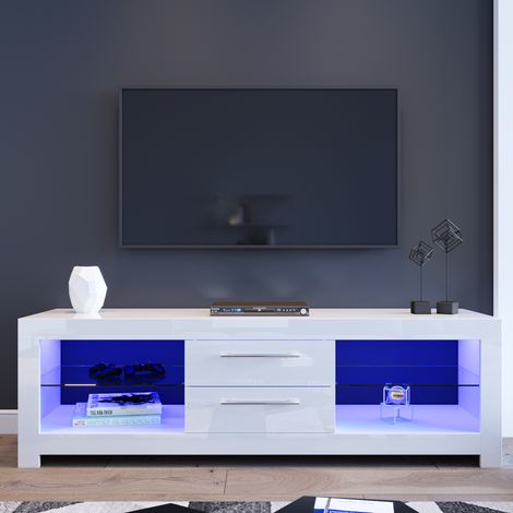 ELEGANT TV Stand TV Unit TV Cabinet with LED Lights High Gloss with Storage 1600mm White TV cabinet