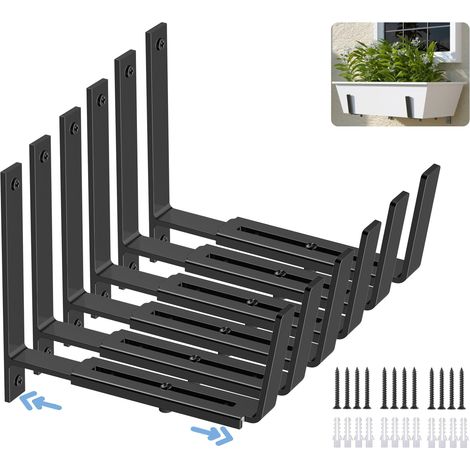 Lot de 6 supports de jardinière réglables (15,2 à 31,8 cm), supports universels pour jardinière de fenêtre, crochets de montage mural en métal robuste pour balcon, clôture, terrasse et jardin (1/5)