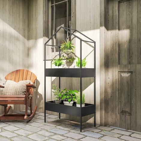 Estantería para plantas 75x35x150 cm de metal negro con ganchos para balcón – MEUBLIV (1/5)
