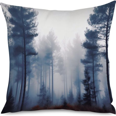 Housse de coussin, Coussin décoratif imprimé forêt embrumée, 50x50 cm (1/5)
