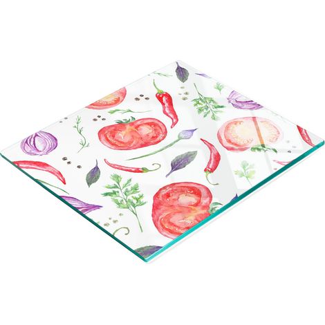 Tabla de cocina de vidrio templado con estampado de tomates y especias, 60x52 cm. (1/5)