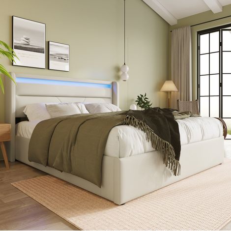 Letto contenitore 160x200 cm in PU bianco con LED, salvaspazio, senza materasso – MEUBLIV (1/5)