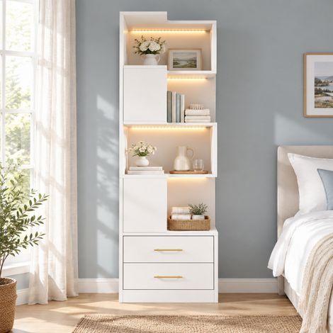 Scaffale angolare bianco 165 cm con LED e 2 cassetti, 4 livelli OKMYHOME (1/5)