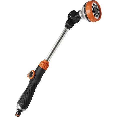 Lance d'arrosage en métal Beijiyi – 42 cm – 8 modes réglables – Tête pivotante à 180° – Compatible avec les tuyaux de 19 mm (3/4") – Contrôle du débit d'eau (1/5)