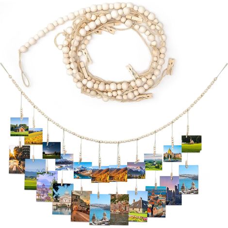 Cadre Photo Mural Macramé avec,Porte-Photos à Pince – Cadre Suspendu avec 22 Pinces en Bois – Style bohème – Décoration Murale – Naturel (1/5)