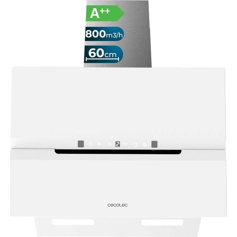 Cecotec Campana Extractora Decorativa 60Cm Bolero Flux Dt 608010 Glass White A++. Acabado Vidrio Blanco, Chimenea Inox, Succión 800M3/H, Motor 210W, Apertura Automática, Filtro Carbono