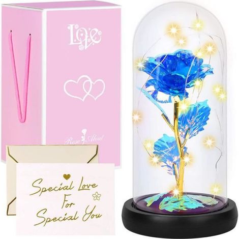 Fleur artificielle - - Rose éternelle bleue - Dôme en verre - Lumière LED - Carte de vœux (1/5)