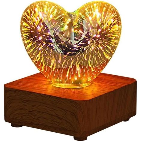 Feu d'Artifice 3D, Cœur d'Amour, Veilleuse, Lampe de Table en Verre, Lampe de Chevet Changement de 8 Couleurs pour Décoration Bureau Pièce, Salon, Décoration Maison