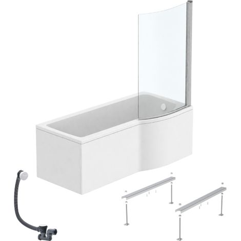 IDEAL STANDARD Connect Air 170 x 80 cm, conjunto para bañera/ducha derecha + delantal + mampara fija + patas + desagüe, blanco