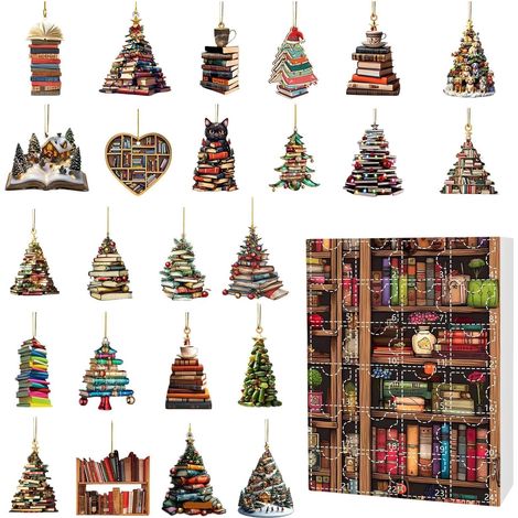Dekorative Adventskalender mit Weihnachtsbüchern Flacher 2D-Weihnachtsbaum-Anhänger, Countdown-Kalender für Weihnachten 2025 Hängender Weihnachtsschmuck mit gestapelten Büchern für Bücherliebhaber (1/5)