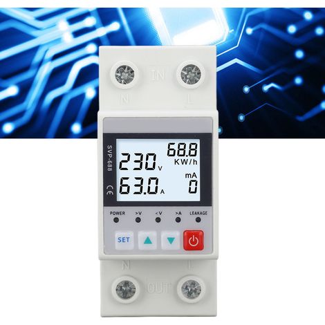 Dispositif de protection contre les surtensions et les sous-tensions 230 V 63 A, protection contre les fuites de courant et la surchauffe, réenclenchement automatique, rétroéclairage SVP-688 (1/5)