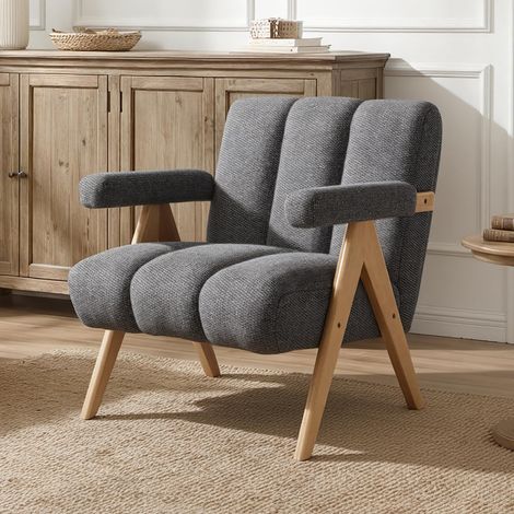 Wahson Morden Armchair chenille, Upholstered Singe Sofa with Solid Wood Legs for Living Room Bedroom Lounge, Grey (1/5)