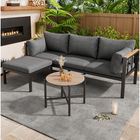 Conjunto de jardín de esquina en acero galvanizado y poliéster gris con sofá, mesa de centro de vidrio y reposapiés (1/5)