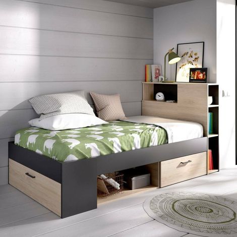 Dmora - Cama infantil Cristallo, Cuna para dormitorio con cabecero, Estructura para cama individual con cajón y baldas, 218x99h96 cm, Roble y Antracita (1/5)