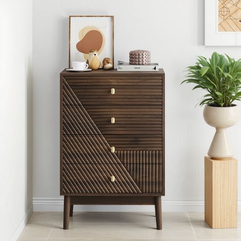 Commode à 4 tiroirs, commode moderne pour armoire, meuble de rangement en bois, meuble de rangement de coiffeuse pour salon, chambre, couloir (Noyer) (1/5)