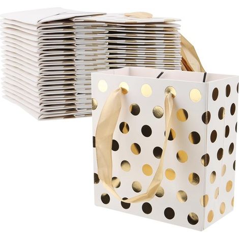 20 kleine Geschenktüten Hochzeit Papiertüten mit Henkeln wiederverwendbare Geschenktüten Geschenktüte mit Schleife für Geburtstag Hochzeit gold Weiß (1/5)