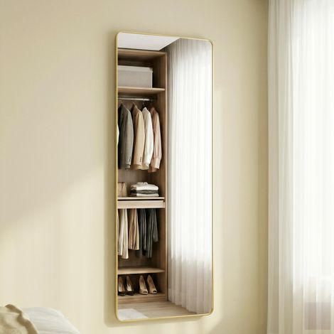 Miroir Suspendu Rectangulaire, 120 x 40 cm, Cadre en Alliage d'Aluminium, Verre Trempé, Doré (1/5)
