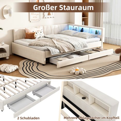 Lit de jour 140x200cm, canapé convertible avec rangement intégré, ports USB-C et USB, éclairage LED, sommier à lattes, deux tiroirs de tiroirs, sans matelas, lin beige (1/5)