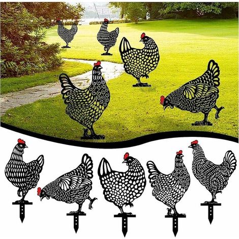 5-teiliges Gartenhuhn-Set, Gartendekoration für Rasen und Garten, Tiersilhouetten-Gartenstecker aus Metall, hohle Hahnenstatue als Gartendekoration