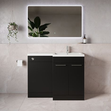 Napoli 390 Matt Black 1100mm 2 Door Vanity Unit Toilet Suite with Square Right Hand Lucia Basin - 1100mm - Chrome 160mm HandleWithout Kingston Toilet Pan