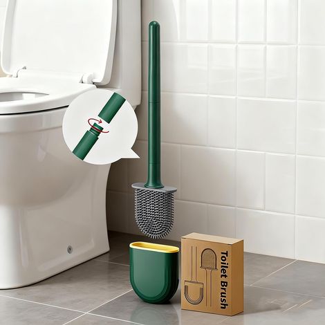 Ensemble de brosse WC en silicone, support mural, poignée antidérapante, poils flexibles pour un nettoyage facile, convient pour divers scénarios d'utilisation (vert) (1/4)