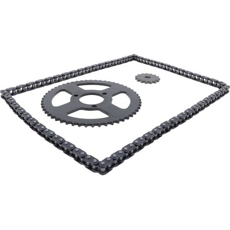 Kit chaîne et pignons avant et arrière T8F : pignon 54 dents (35 mm), pignon 15 dents (10 mm, trou en H), chaîne de 120 maillons pour moto. (1/5)