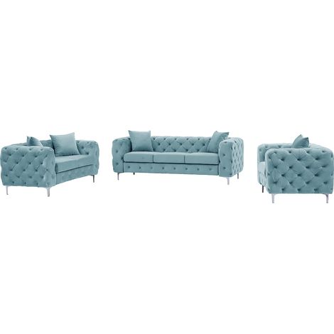 Divano 3 posti, 2 posti e poltrona Chesterfield in velluto azzurro pastello - EDWINA
