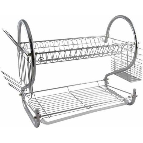 Egouttoir de Cuisine - Chromé - Acier - 2 Niveaux - Plateau Plastique - Design Contemporain