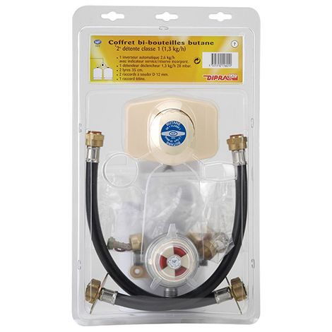 DIPRA - Coffret bi-bouteilles complet butane – Compatible bouteilles 13 kg – Déclencheur 1,3 kg/h – Certifié NF