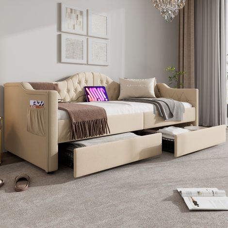 Cama nido 90x200 cm con carga USB Tipo-C con 2 cajones beige terciopelo (Sin Colchón)