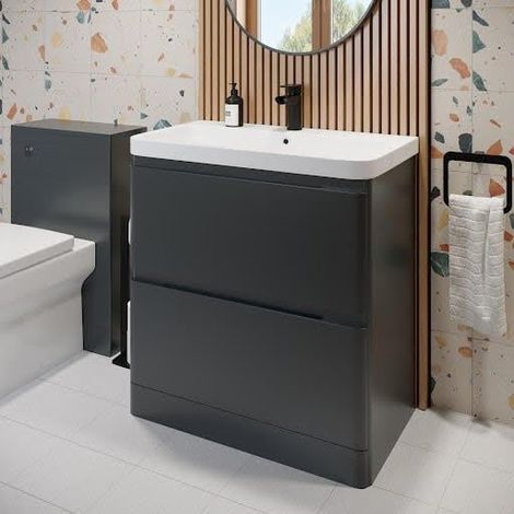 Regis Bathroom Grey Gloss Vanity Unit and Basin Sink Storage Furniture Cabinet - 800mm Freestanding