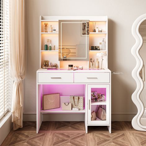 Coiffeuse blanche avec miroir – LED RGB réglable – 2 tiroirs rangement – plateau verre trempé – ports USB intégrés – meuble beauté pour chambre et dressing
