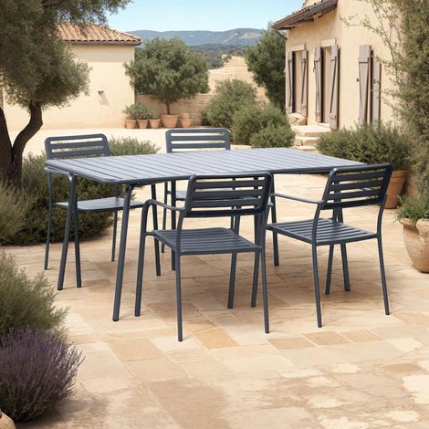 Table de jardin + 4 fauteuils empilables en métal gris - BACA