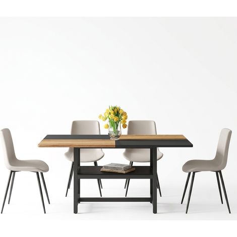 Ensemble table ronde et 4 chaises, table à manger 107 cm aspect noyer avec 2 étagères, sièges en tissu gris, pour 4 personnes (1/5)