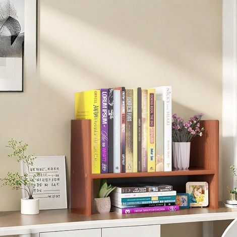 Étagère à livres en bois, organisateur de bureau, 30 x 15 x 25 cm, à 2 étages, pour rangement de bureau, livres et décorations, E272 (café) (1/3)
