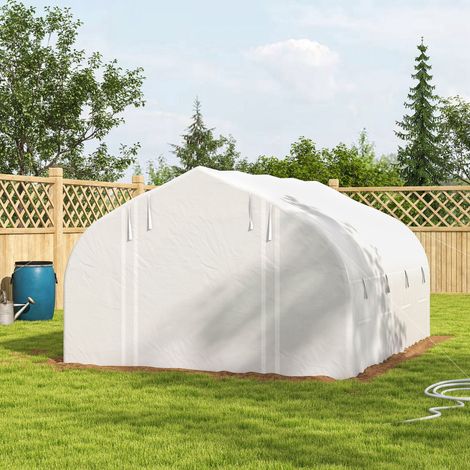 Serra a tunnel 4x3x2 m con porta a rete e 8 finestre, tetto a punta e copertura in PE bianca.