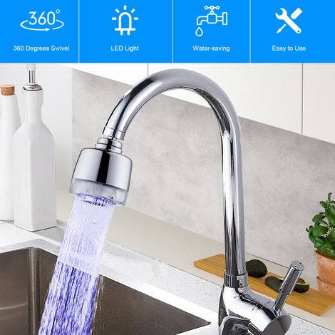 Douchette LED avec aérateur de robinet à 7 couleurs changeantes, pivotant à 360°, pour robinet de cuisine, évier et lavabo. Rallonge pour lavabo. (1/5)
