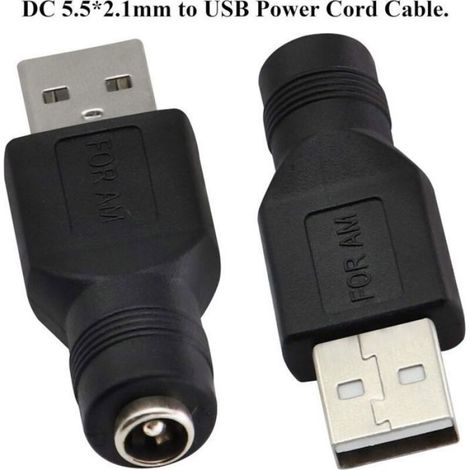 Adaptateur USB vers DC - - USB 2.0 A Mâle - DC 5.5x2.1mm - 5V - 2,5A Max - 2 Pièces - Noir - Plastique PVC (1/4)
