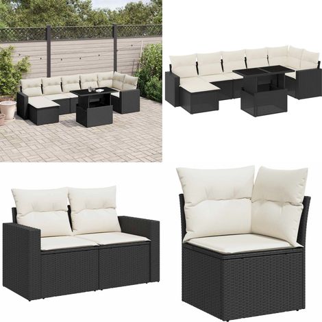 Salon de jardin 8 pcs avec coussins noir résine tressée - Salon De Jardin - Meuble Extérieur - Set Salon - Résine Tressée - Rotin Synthétique - Home & Living (1/5)