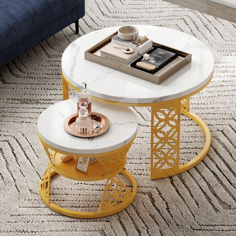 Set di 2 tavolini da salotto effetto marmo bianco con struttura in metallo dorato, 70x70 e 45x45 cm DESVIAE (1/5)