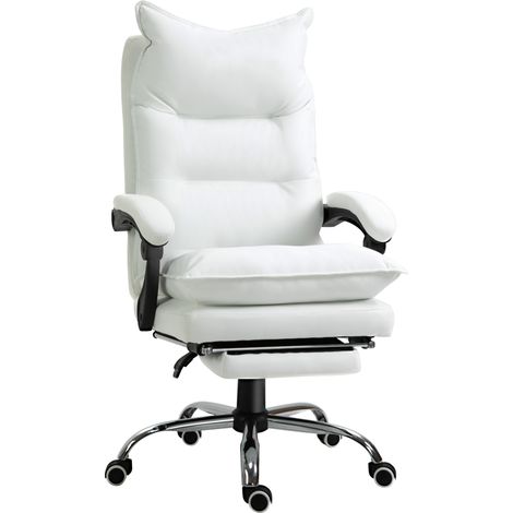 Silla de oficina blanca de piel sintética con reposapiés y respaldo reclinable (1/3)