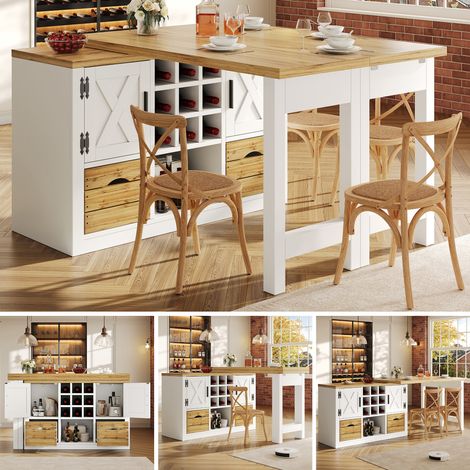 Ausziehbarer Kücheninsel-Esstisch, Multifunktionaler Esstisch mit Sideboard, 360° drehbare Tischplatte, ausziehbarer Küchentisch mit großem Stauraum, Wohnzimmer Schrankwand, Weiß (1/5)