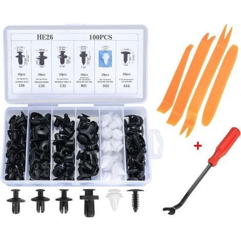 Confezione da 100 clip universali in plastica per parafanghi auto, kit di fissaggio per paraurti con strumento per la rimozione del pannello. (1/4)